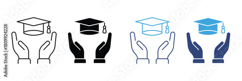 Hands holding graduation cap icon set. scholarship icon set. vector illustration