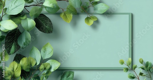 Fresh Green Foliage With a Blank Frame on a Soft Green Background for Nature-...