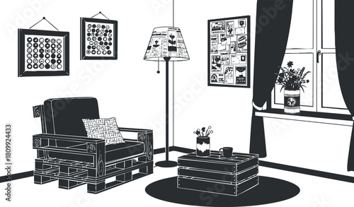 Stylish minimalist black and white vector illustration of a cozy living room with pallet furniture and modern decor elements