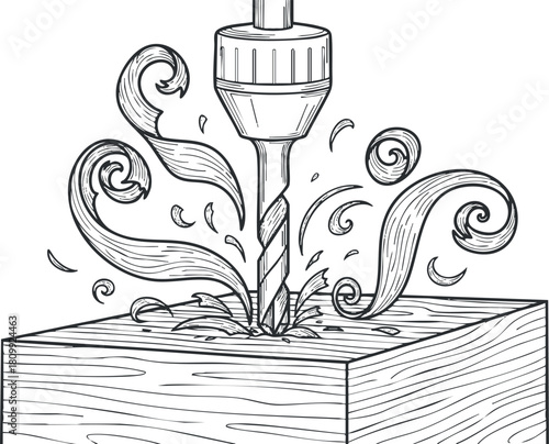 Detailed line art illustration of a drill creating swirling wood shavings, ideal for woodworking and craft projects