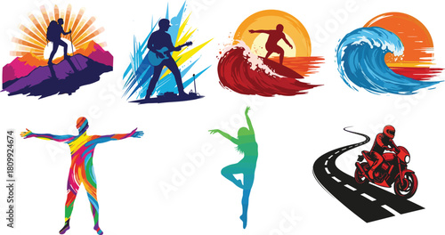 Vibrant action sports silhouettes featuring hiking, guitar playing, surfing, dancing, yoga poses, ocean waves, and motorcycle rider designs for dynamic artwork