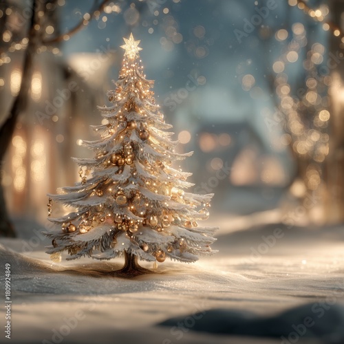 Beautifully Decorated Snowy Christmas Tree With Warm Lights in a Serene Winte...