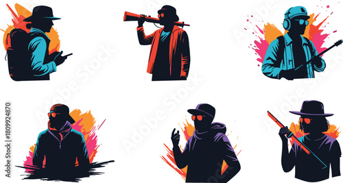 "Colorful vector silhouettes of modern people with gadgets, telescope, guitar and accessories, creative urban characters, abstract splash background illustration set"