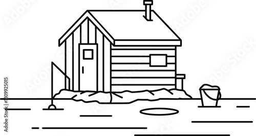 Minimalist Ice Fishing Hut or Shack Outline Vector, Winter Cabin and Frozen Lake Scene