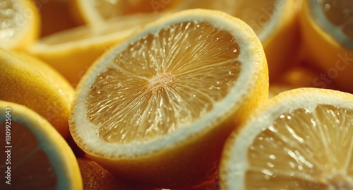Freshly Sliced Lemons With Water Droplets on a Vibrant Surface in Bright Ligh...