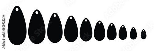 Collection of teardrop shapes isolated on white background in descending size