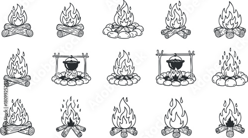 Hand-drawn vector illustration set featuring campfire scenes, including bonfires, cooking setups, and firewood stacks for outdoor adventures