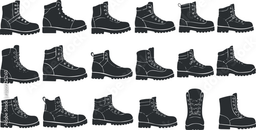 Collection of minimalist black silhouette vector illustrations of various hiking boots for outdoor and adventure design projects