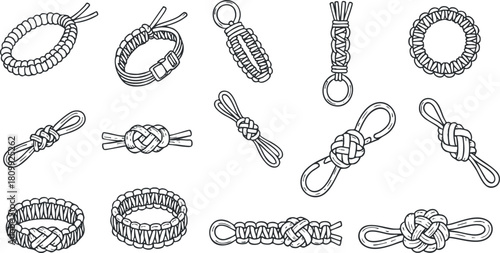Outline vector illustration set of various knot designs for crafting, weaving, and outdoor activities
