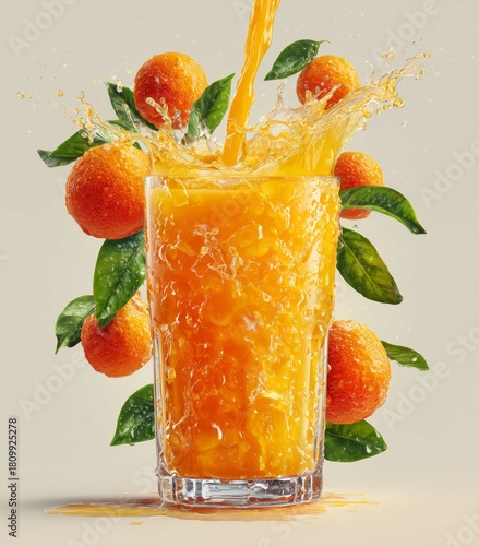 Fresh Orange Juice Splashing Into a Glass Surrounded by Oranges and Leaves