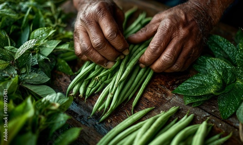 Hands Preparing Fresh Green Beans Among Herbs at a Local Market in the Mornin...