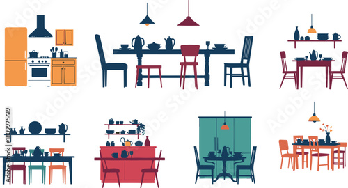 Colorful dining room and kitchen interior illustrations featuring tables, chairs, cabinets, lighting, decor elements, cookware, and modern home furniture design
