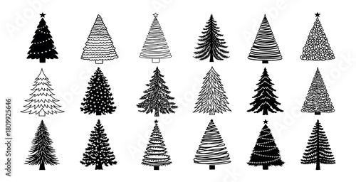 Hand drawn christmas trees collection black and white
