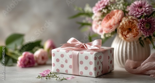 Beautiful Bouquet of Flowers and a Gift on a Table With a Floral Background