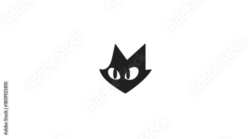 Minimalist black cat head silhouette illustration. Stylized feline face icon with expressive eyes on a clean white background.