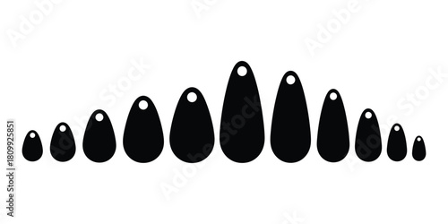 Black teardrop shapes arranged in a row isolated on white background