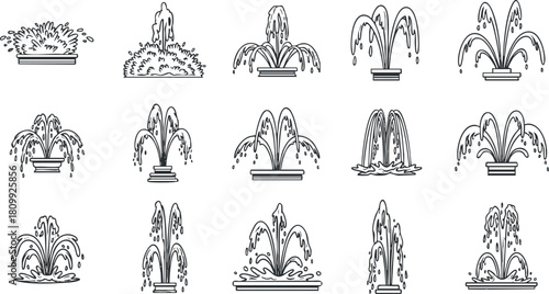 Collection of minimalist black and white vector illustrations of various fountain designs for decorative and landscaping projects