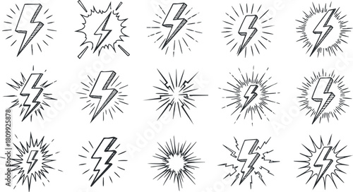 Stylized vector icon set of lightning bolts and electric flashes in an outline style for dynamic design projects