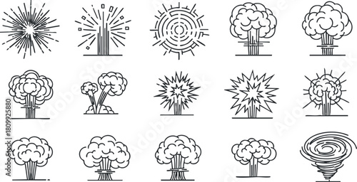 Set of minimalist vector icons depicting various explosion and blast concepts, suitable for graphic design and illustration projects
