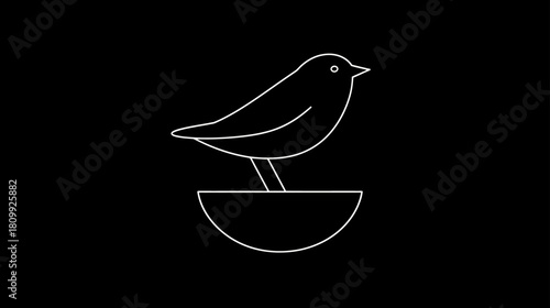 Minimalist bird icon with simple white outline perched on a feeder against a solid black background. Clean vector design.