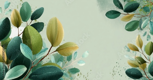 Green Leaves and Flowers Arranged on a Simple Background for a Serene and Nat...
