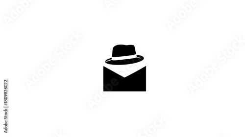 Black Incognito Mail Icon with Fedora Hat on Envelope for Private, Secure, and Anonymous Communication or Secret Message Concept