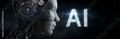 Futuristic Humanoid Face With Artificial Intelligence Theme and Intricate Des...