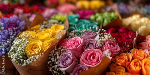 Colorful Roses and Flowers Arranged Beautifully in a Vibrant Market Setting D...