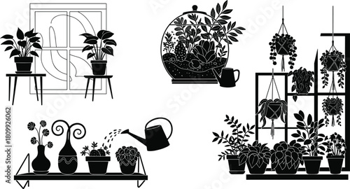 Black plant silhouettes, indoor potted plants, terrarium garden design, hanging planters, watering can, home gardening decor, botanical shelf arrangement