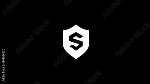 Modern White Shield Icon with Stylized Letter S on Black Background - Security, Protection, Minimalist Design Concept