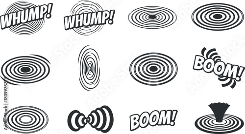 Dynamic comic-style vector illustration set featuring sound effects like 'WHUMP!' and 'BOOM!' for creative projects