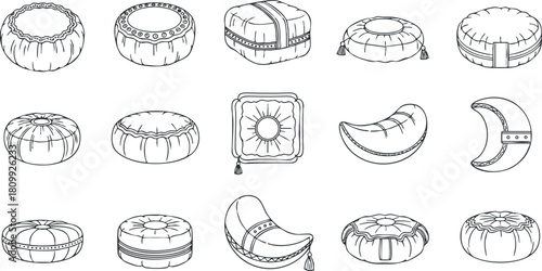 Stylized line art collection of various decorative cushions and ottomans for interior design and home decor projects