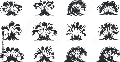 Stylized vector icon set featuring various wave designs for coastal themes, branding, and graphic projects