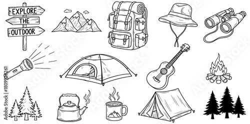 Camping and outdoor adventure sketch icons set collection