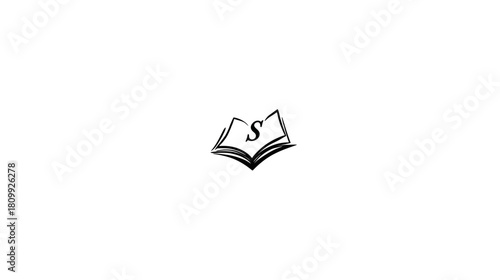 Stylized open book icon with letter S. Simple education, reading, knowledge, or story concept symbol on white.
