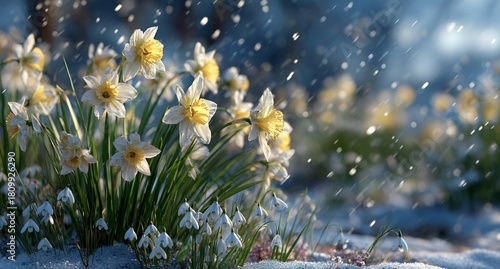 Daffodils and Snowdrops Blooming in a Quiet Garden During a Spring Snowfall
