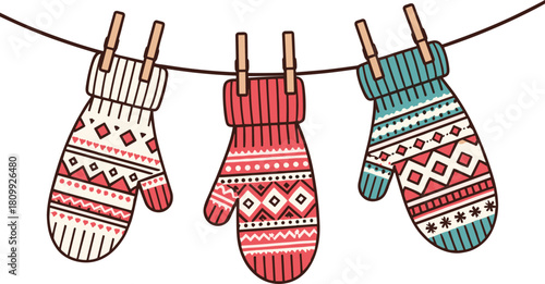 Vector Illustration of Knitted Winter Mittens Hanging on a Clothesline, Cozy Holiday Patterned Gloves