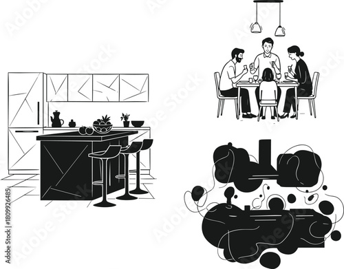 Modern kitchen interior, family eating together, dining room illustration, minimalist black and white artwork, contemporary home design scene