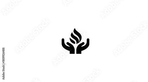 Abstract black icon of cupped hands protecting a stylized flame or leaf symbol, representing care, spirit, hope, and growth.