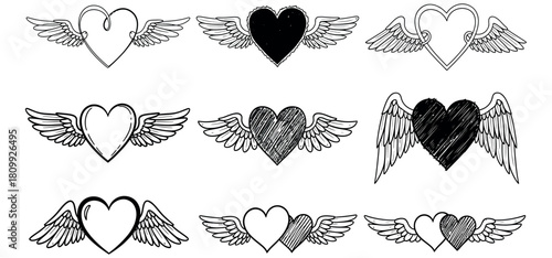 Hand drawn hearts with wings sketch collection