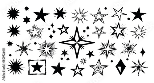 Hand drawn star collection black and white illustration