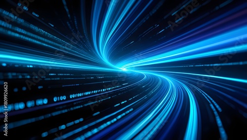 Abstract blue light streaks swirling through dark space