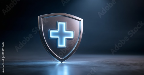Shield Symbol With a Glowing Cross Representing Health and Protection in Mode...