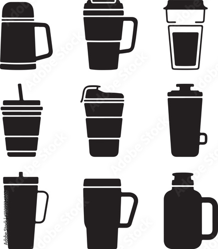 Black and White Silhouette Illustration of Travel Mug Designs Metal Thermos Plastic Cup Glass Tumbler Insulated Flask Collapsible Reusable Slim Handle