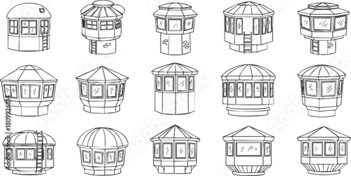 Outline vector illustration set of various architectural designs featuring unique dome-shaped houses and structures for creative projects