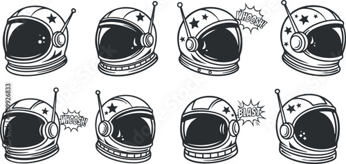 Playful vector illustration set of astronaut helmets with comic sound effects like 'Whoosh' and 'Blast' for fun designs