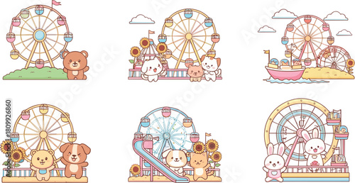 Cute pastel amusement park illustration set featuring adorable animals, ferris wheels, slides, rides, and playful carnival scenes in charming kawaii style