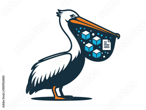 A stylized pelican mascot holding digital data cubes and a document file in its beak pouch.