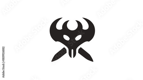 Stylized dark horned skull icon with crossed blades on white background. Abstract tribal warrior mask fantasy symbol, vector graphic.