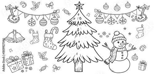 Christmas tree and decorations coloring page line art illustration